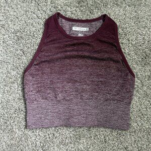 Women's Small Crop Top Sports Bra Striped Burgundy Purple Workout Fitness Tank